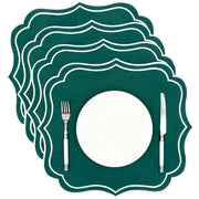 Four green Charlotte scalloped placemats with white embroidered edge, stacked, included in the set