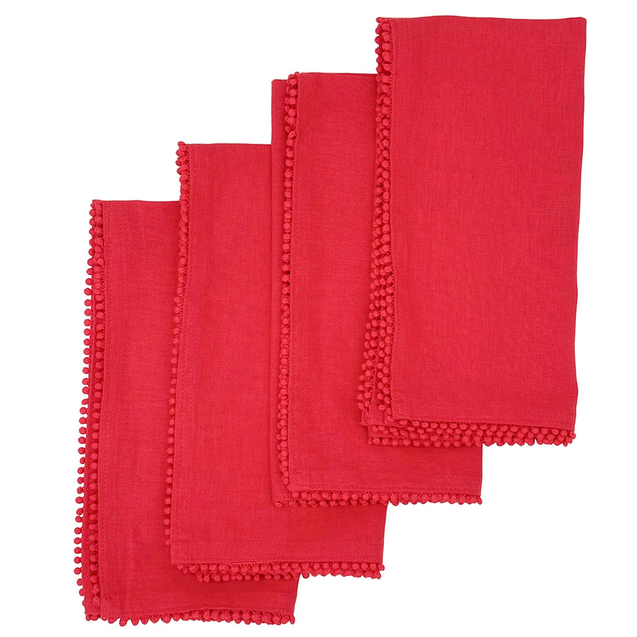 Flat lay of four red Baby's Breath cotton napkins with hand-knotted trim included in the set