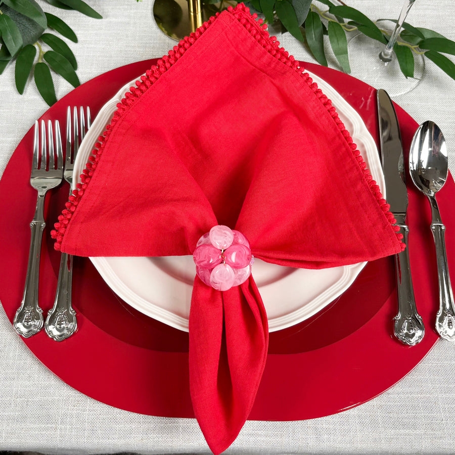 Baby Breath Cotton Napkin with Hand-Knotted Trim - Red
