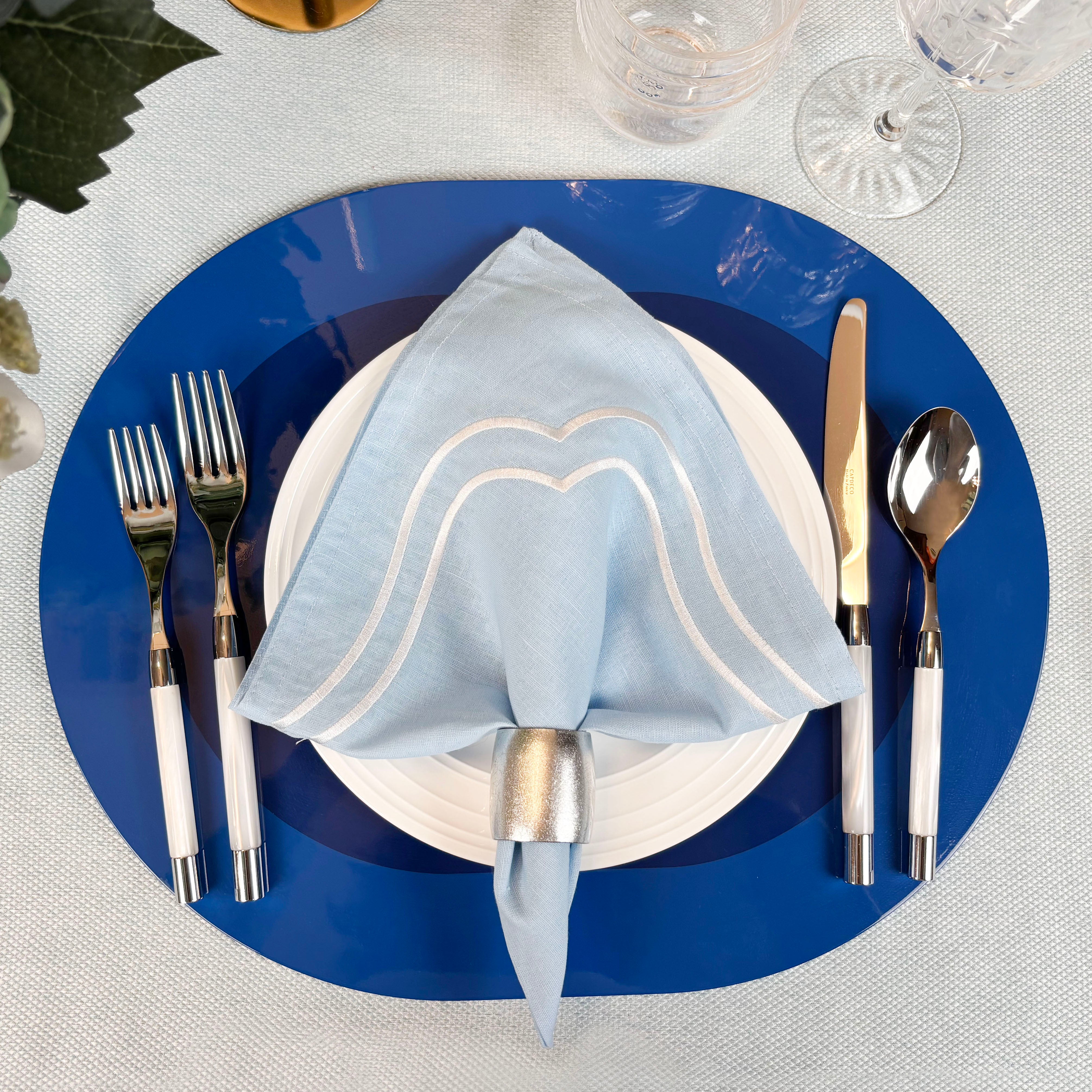 Charlotte Embroidered Cotton Linen Napkins - Light Blue