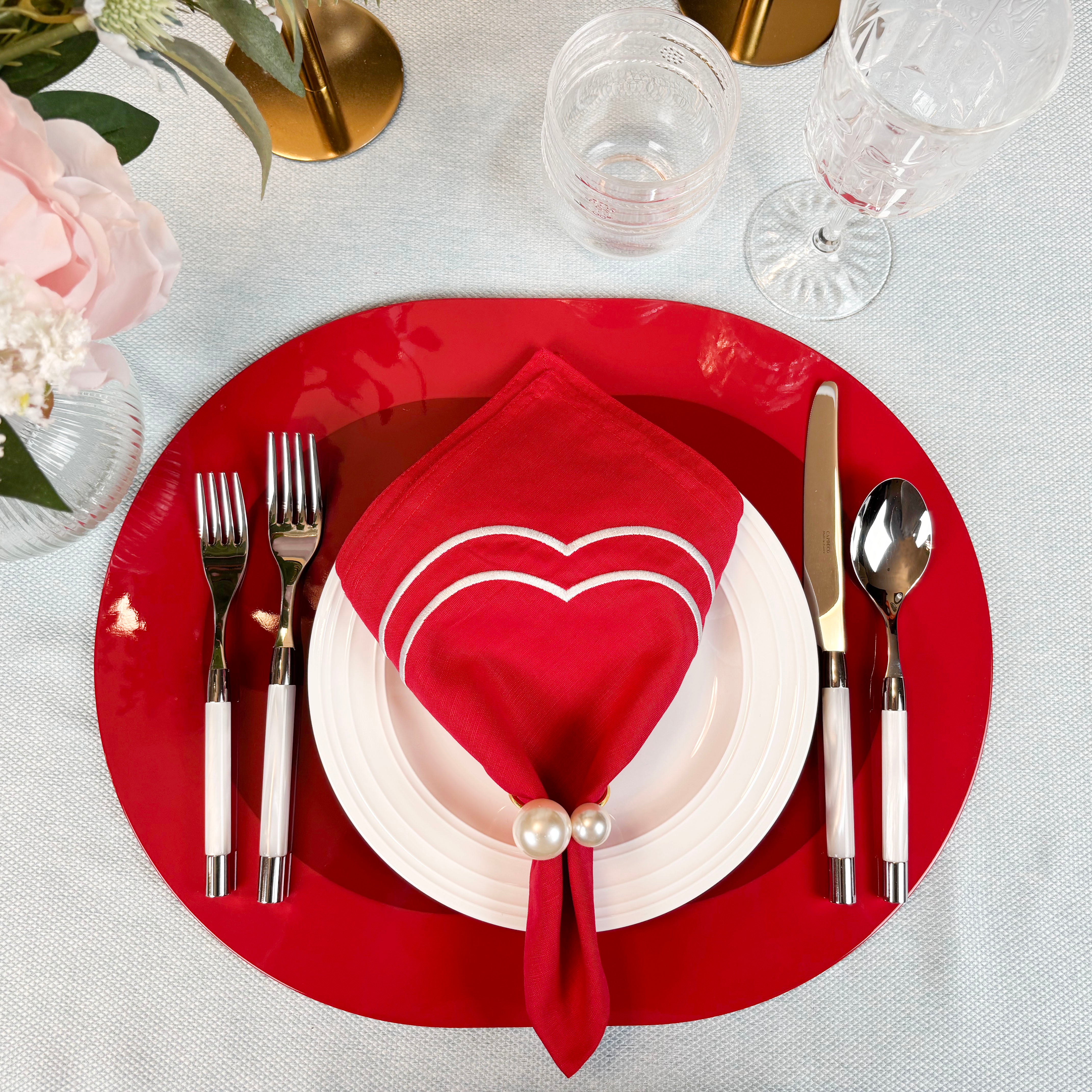 Charlotte Embroidered Cotton Linen Napkins - Red