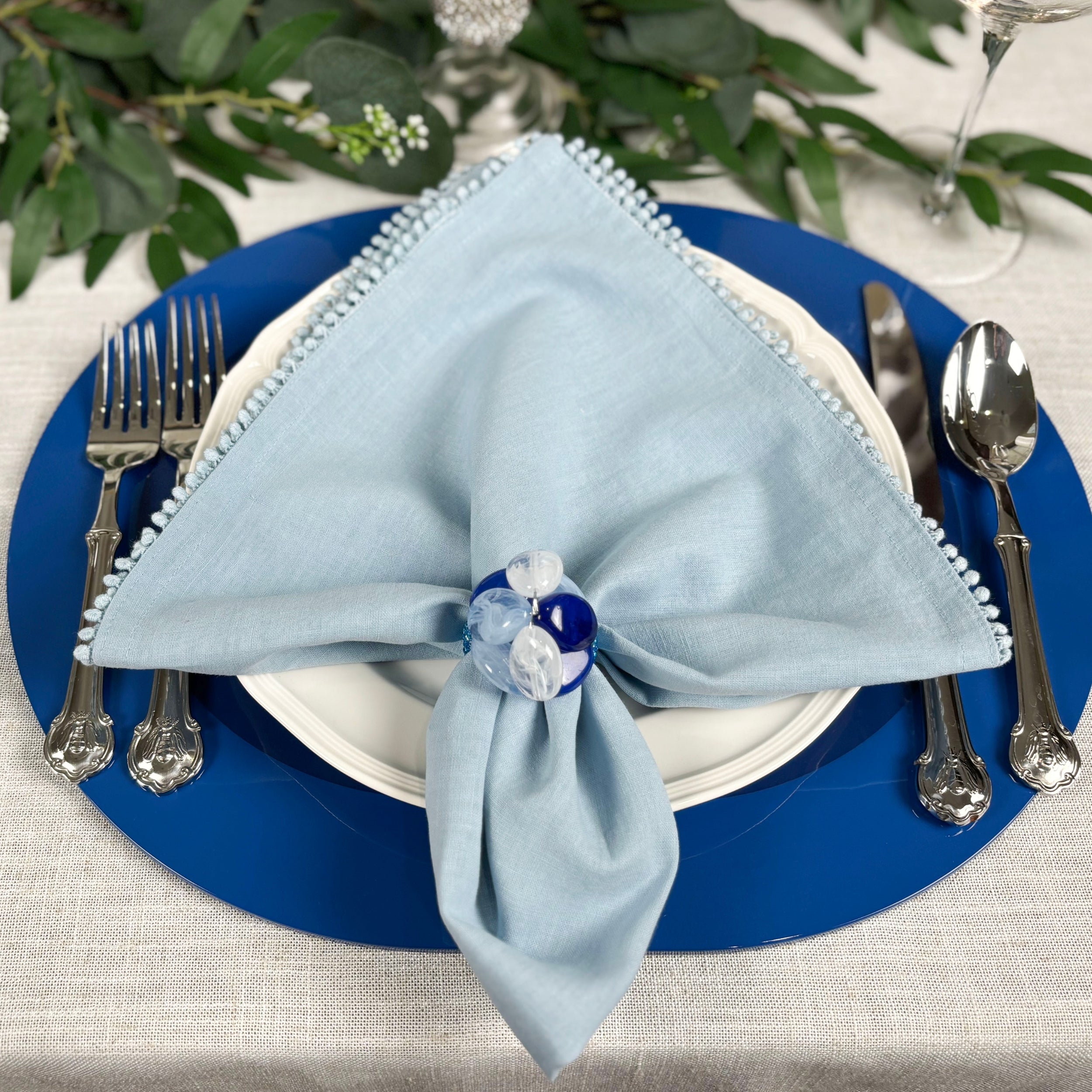 Baby Breath Cotton Napkin with Hand-Knotted Trim - Blue