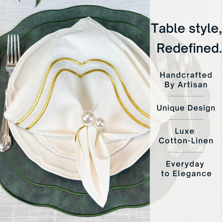 Charlotte Embroidered Cotton Linen Napkins - Ivory Gold