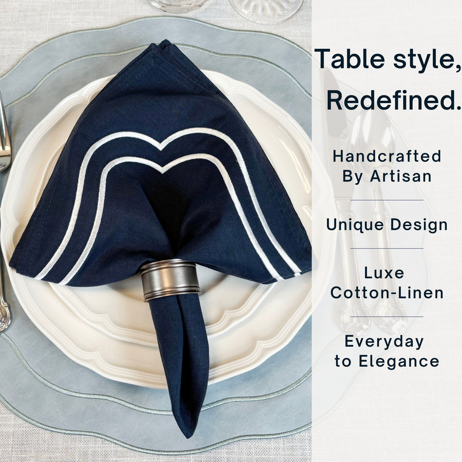 Charlotte Embroidered Cotton Linen Napkins - Navy
