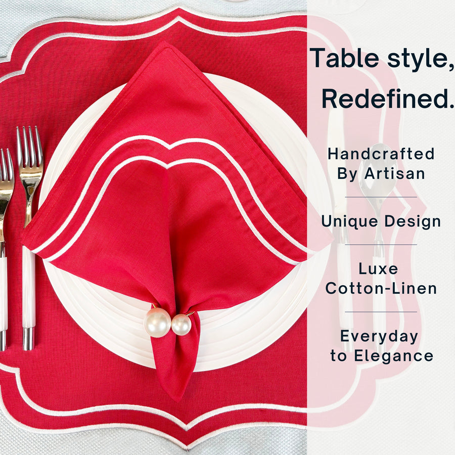 Charlotte Embroidered Cotton Linen Napkins - Red