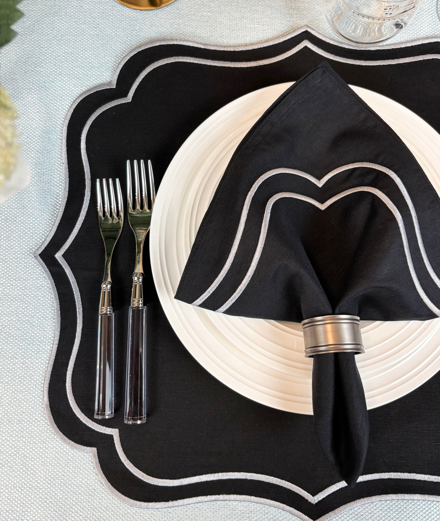 Charlotte Embroidered Cotton Linen Napkins - Black