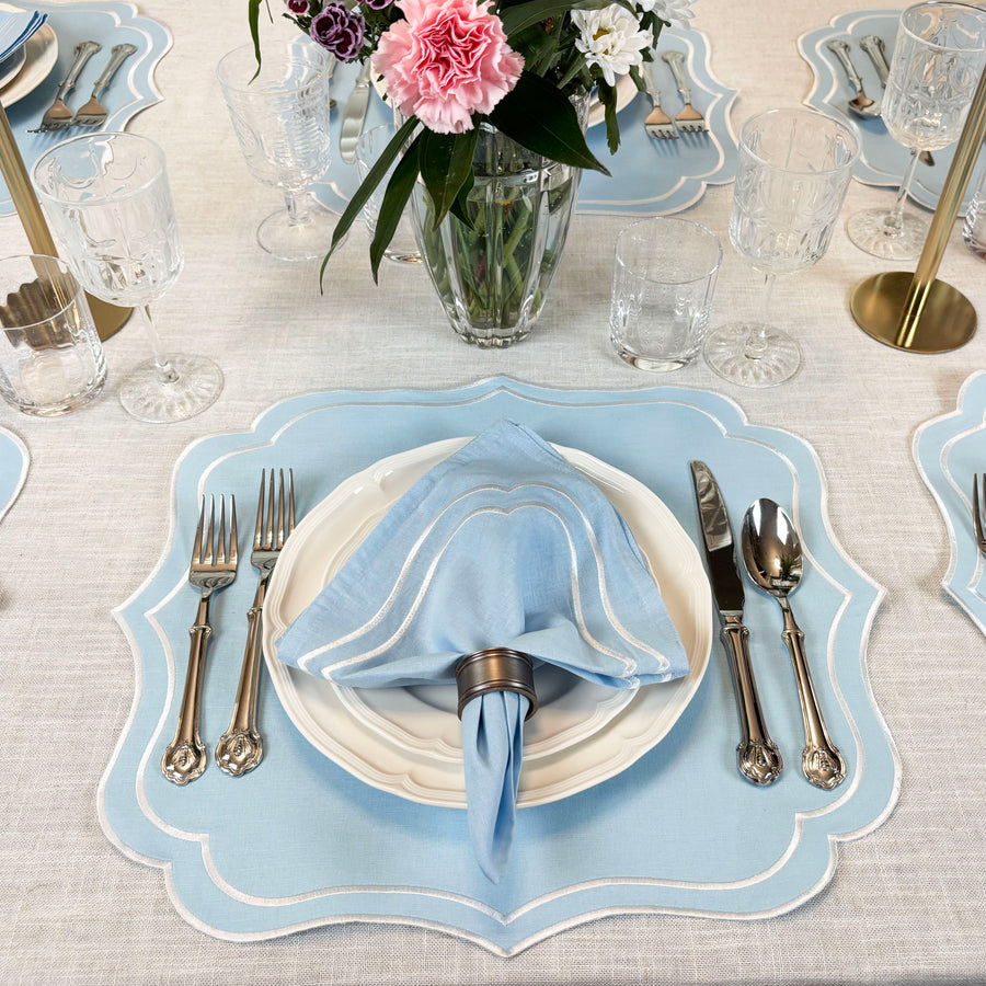 Charlotte Embroidered Cotton Linen Napkins - Light Blue