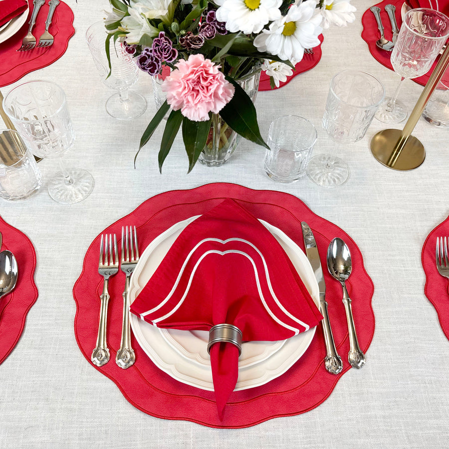 Charlotte Embroidered Cotton Linen Napkins - Red