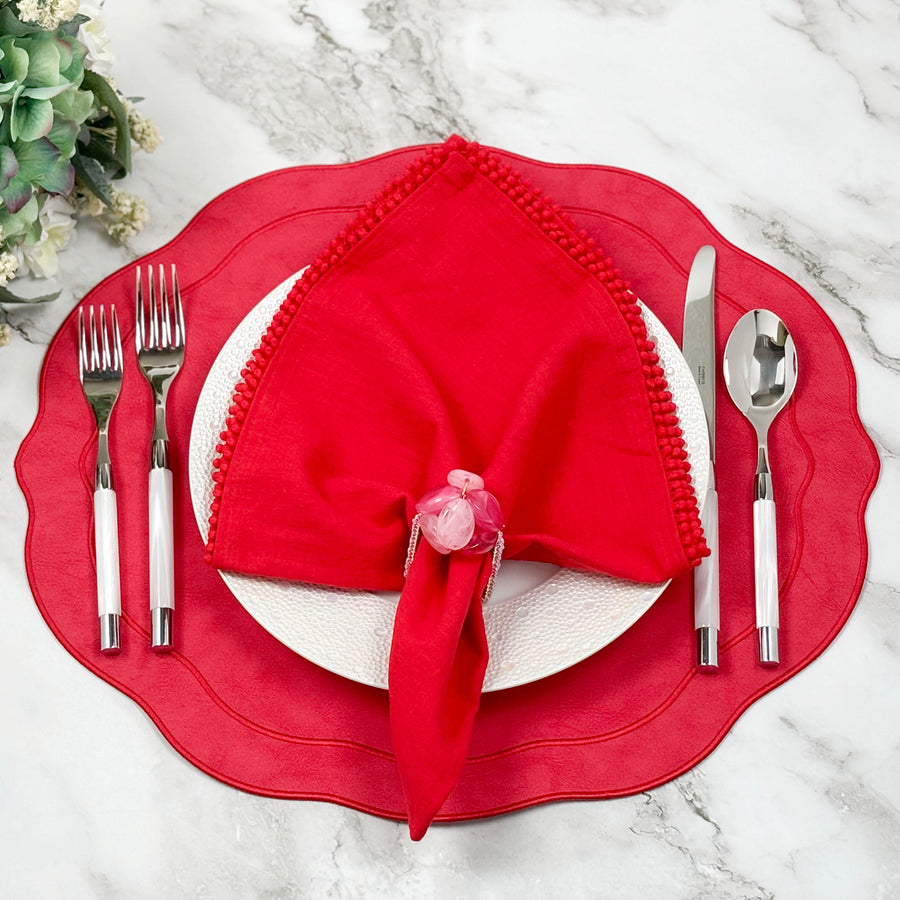 Baby Breath Cotton Napkin with Hand-Knotted Trim - Red