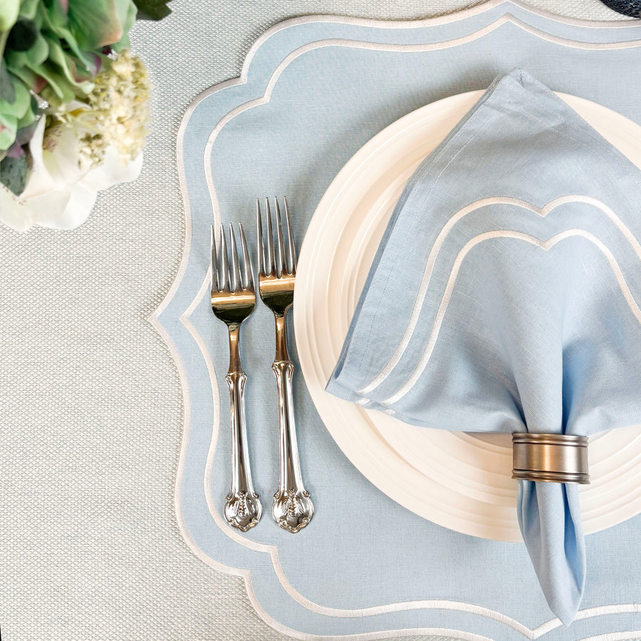 Charlotte Embroidered Cotton Linen Napkins - Light Blue