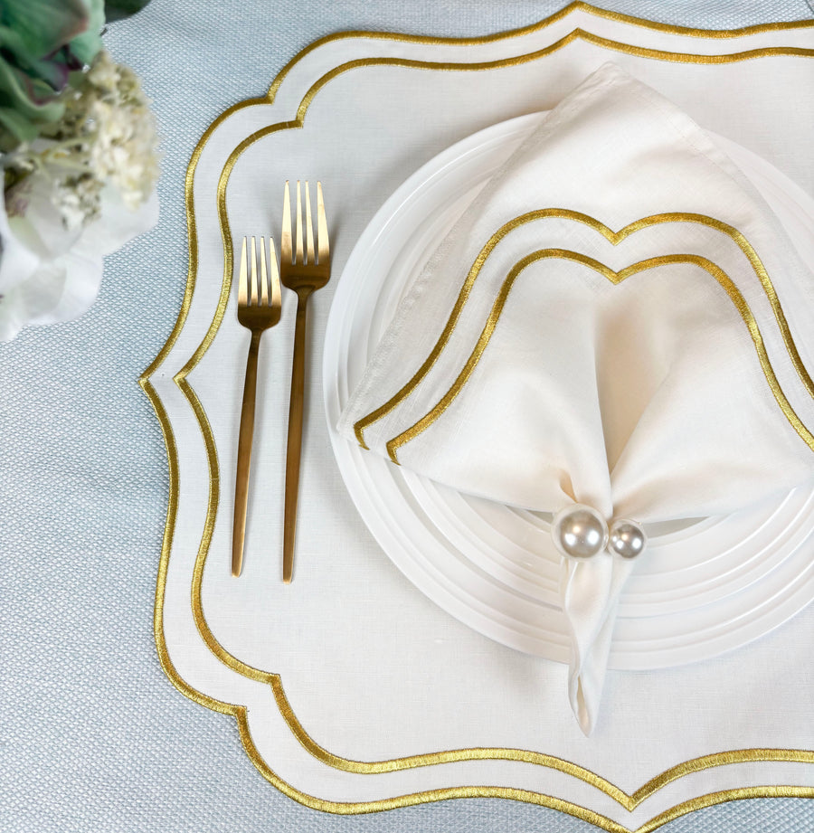 Charlotte Embroidered Cotton Linen Napkins - Ivory Gold