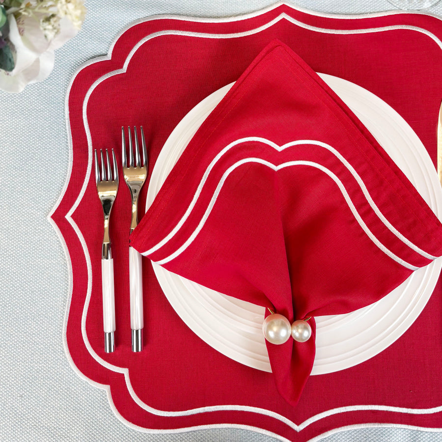 Charlotte Embroidered Cotton Linen Napkins - Red