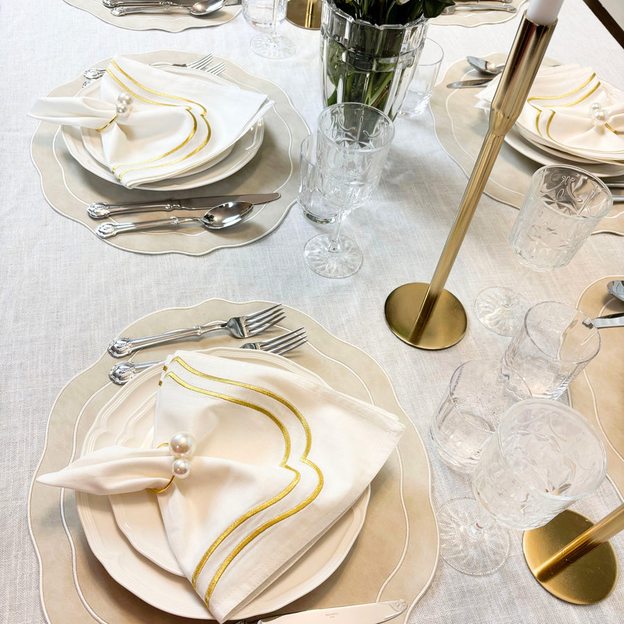 Charlotte Embroidered Cotton Linen Napkins - Ivory Gold