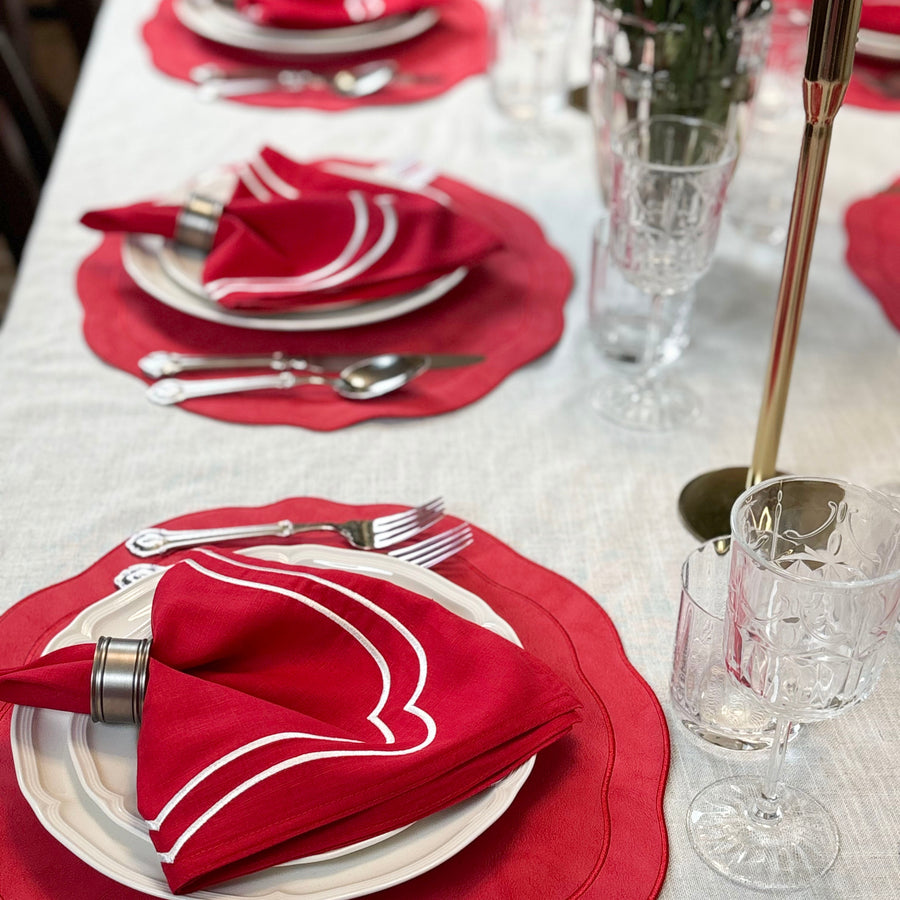 Charlotte Embroidered Cotton Linen Napkins - Red