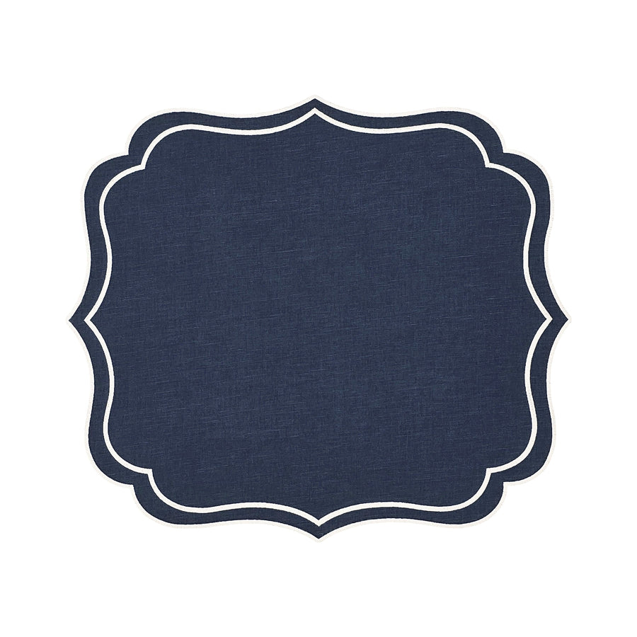 Navy Charlotte scallop embroidered placemat with white embroidered edge