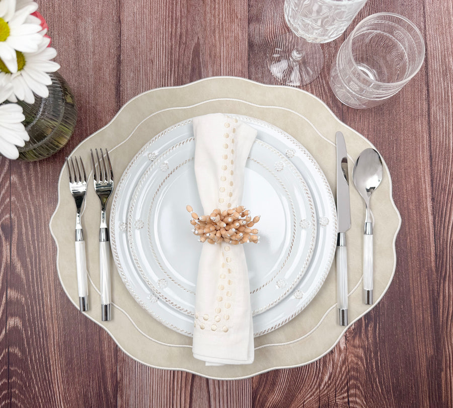 Melbourne Placemats Embroidered Faux Leather Placemats - Ivory