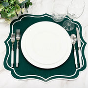 Christmas Table Set for 4 (Green & Ivory Gold): green Charlotte scalloped placemat with white embroidered edge, set with white plates, silver flatware and glassware